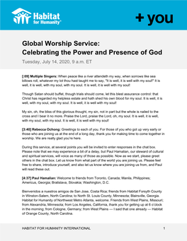 Global Worship Service: Celebrating the Power and Presence of God Tuesday, July 14, 2020, 9 A.M