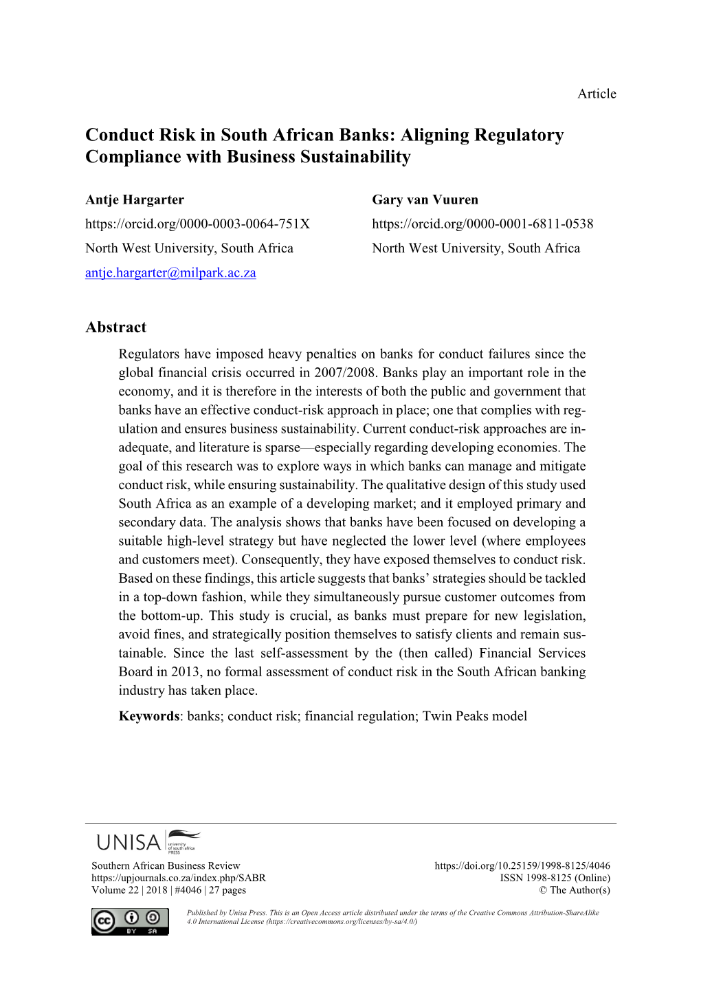 Conduct Risk in South African Banks: Aligning Regulatory Compliance with Business Sustainability