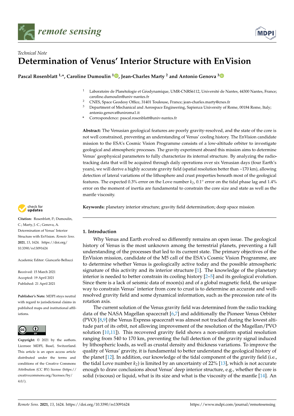 Determination of Venus' Interior Structure with Envision