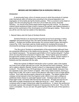 MEIOSIS and RECOMBINATION in SORDARIA FIMICOLA Introduction
