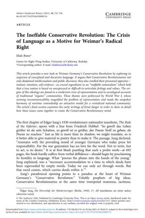The Ineffable Conservative Revolution: the Crisis of Language As a Motive for Weimar’S Radical Right