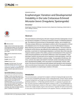 Ecophenotypic Variation and Developmental Instability in the Late Cretaceous Echinoid Micraster Brevis (Irregularia; Spatangoida)
