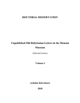 DOCTORAL DISSERTATION Unpublished Old Babylonian