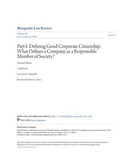 Defining Good Corporate Citizenship: What Defines a Ompc Any As a Responsible Member of Society? Edward Fallone