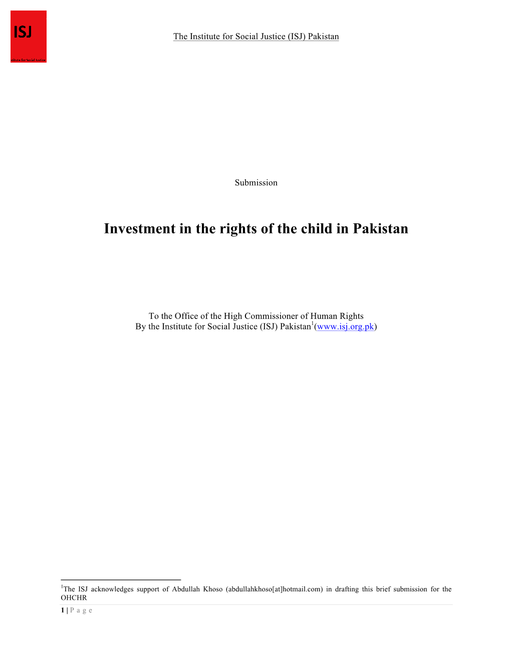 Investment in the Rights of the Child in Pakistan