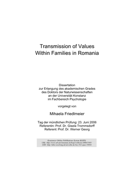 Transmission of Values Within Families in Romania