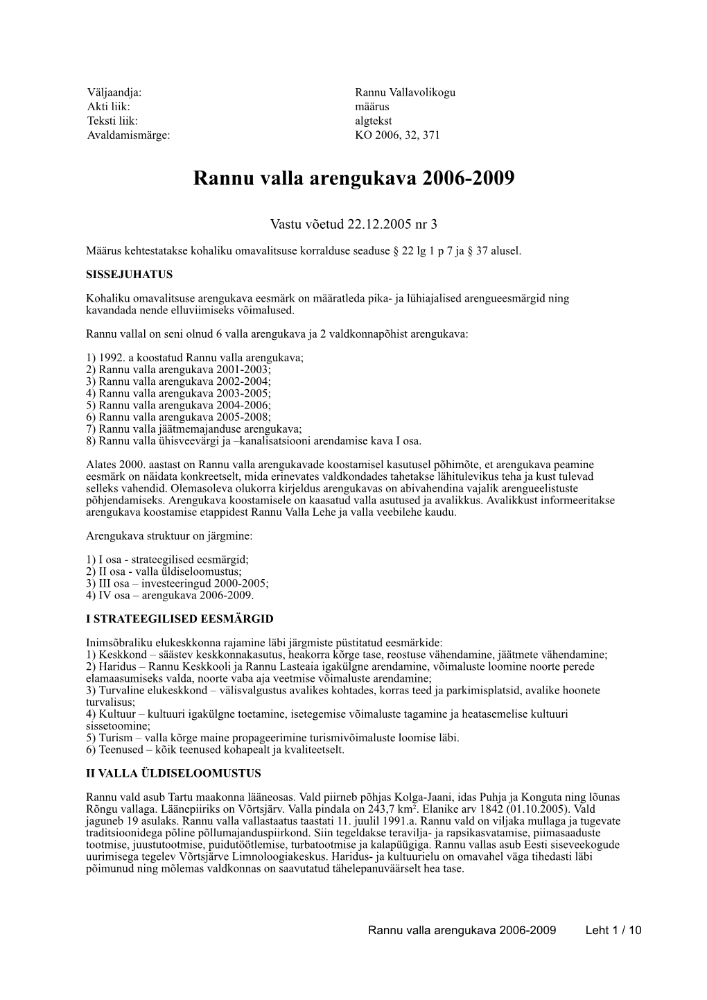 Rannu Valla Arengukava 2006-2009