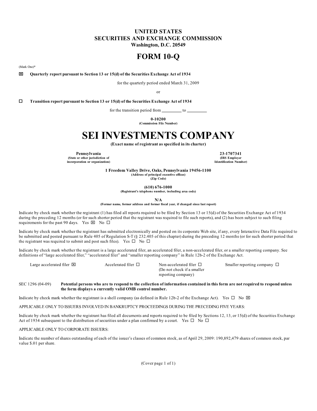 SEI INVESTMENTS COMPANY (Exact Name of Registrant As Specified in Its Charter)