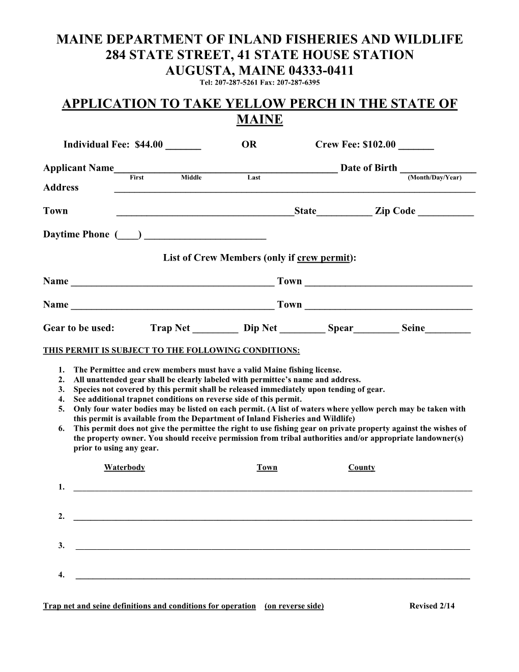 Application to Take Yellow Perch in the State of Maine