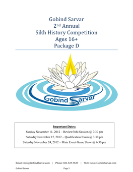 Gobind Sarvar 2Nd Annual Sikh History Competition Ages 16+ Package D