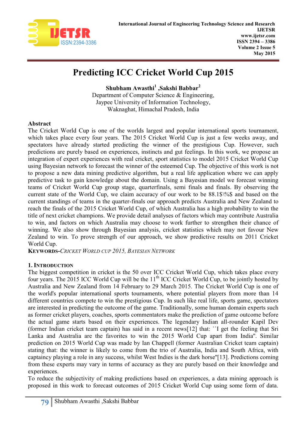 Predicting ICC Cricket World Cup 2015