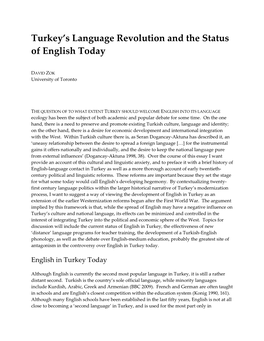 Turkey's Language Revolution and the Status of English Today
