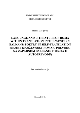Poetry in Self-Translation (Jezik I Književnost Roma U Prevodu Na Zapadnom Balkanu: Poezija U Autoprevodu)