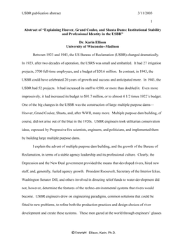 USBR Publication Abstract 3/11/2003 1 Abstract of “Explaining Hoover, Grand Coulee, and Shasta Dams: Institutional Stability A