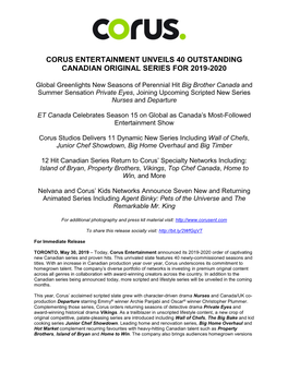 Corus Entertainment Unveils 40 Outstanding Canadian Original Series for 2019-2020