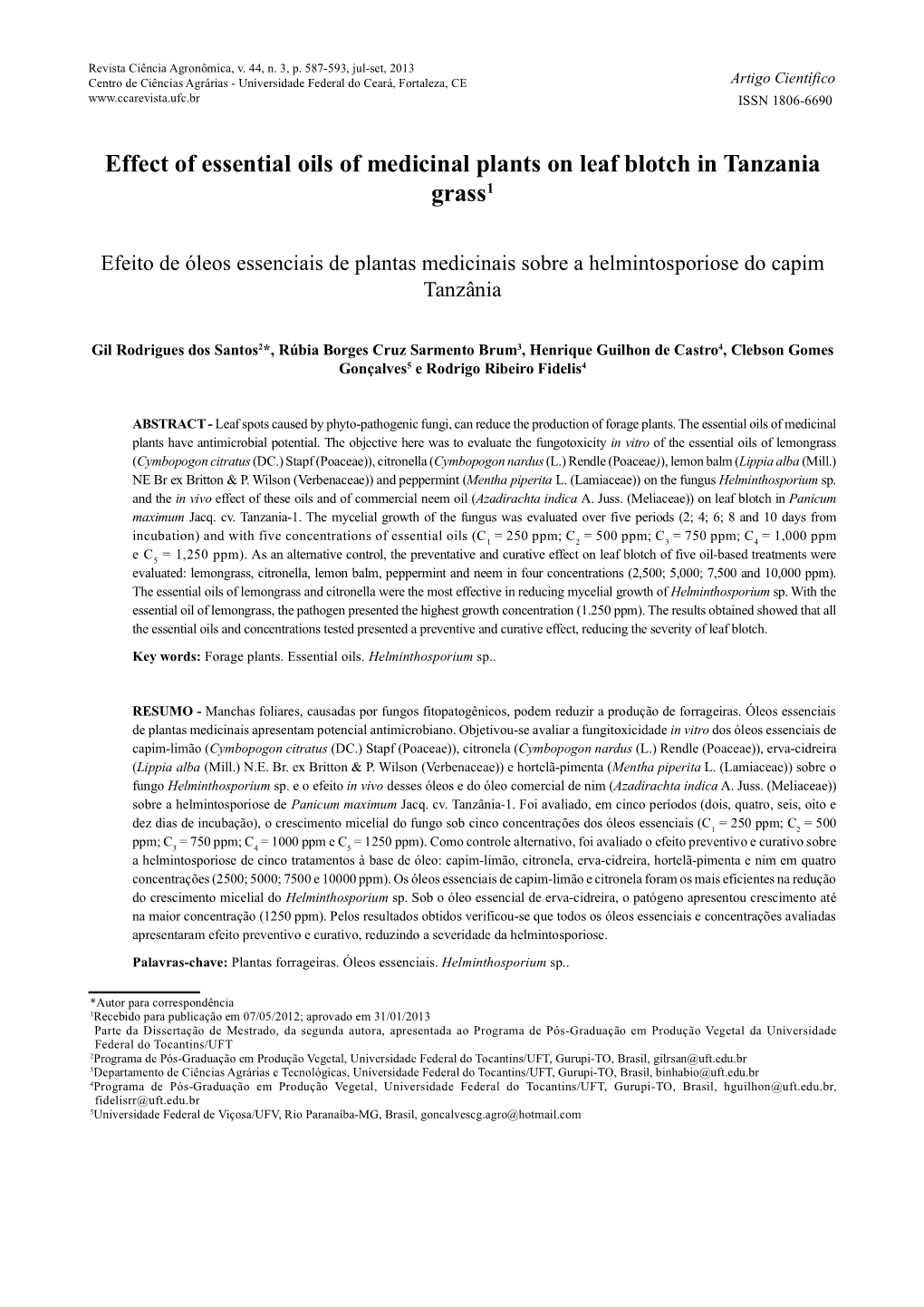 Effect of Essential Oils of Medicinal Plants on Leaf Blotch in Tanzania Grass1