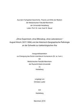 August Hirsch (1817-1894) Und Die Historisch-Geographische Pathologie an Der Schwelle Zur Bakteriologischen Ära