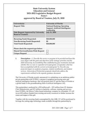 State University System Education and General 2021-2022 Legislative Budget Request Form I Approved by Board of Trustees, July 21, 2020