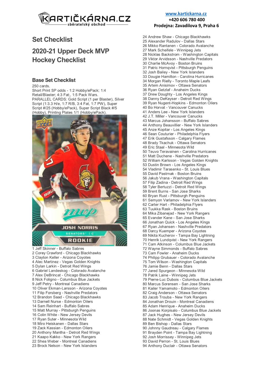 Set Checklist 2020-21 Upper Deck MVP Hockey Checklist