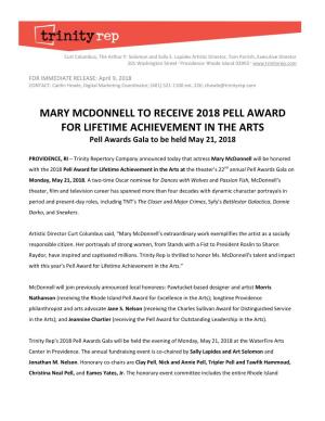 MARY MCDONNELL to RECEIVE 2018 PELL AWARD for LIFETIME ACHIEVEMENT in the ARTS Pell Awards Gala to Be Held May 21, 2018