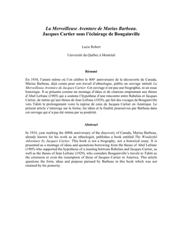 La Merveilleuse Aventure De Marius Barbeau. Jacques Cartier Sous L’Éclairage De Bougainville