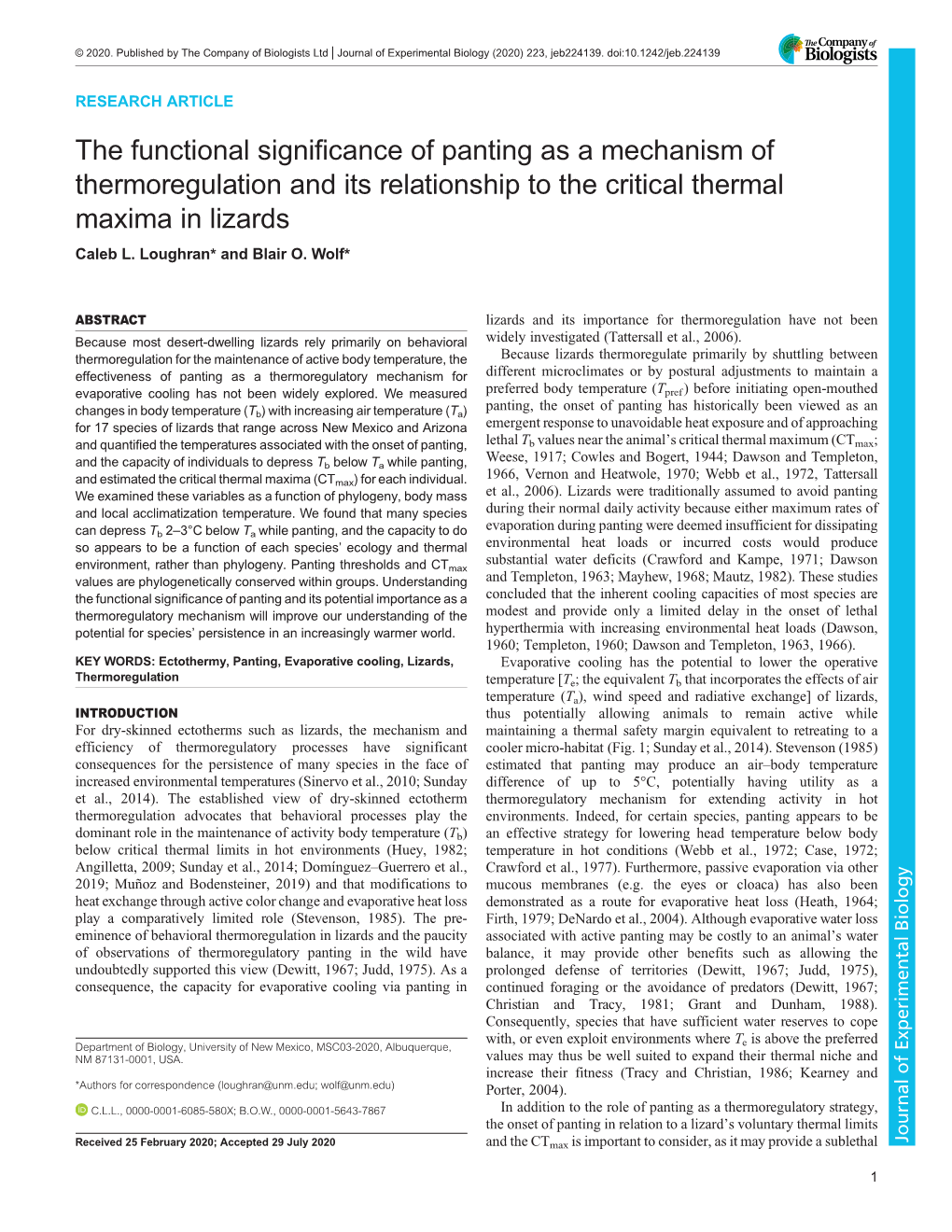 The Functional Significance of Panting As a Mechanism of Thermoregulation and Its Relationship to the Critical Thermal Maxima in Lizards Caleb L