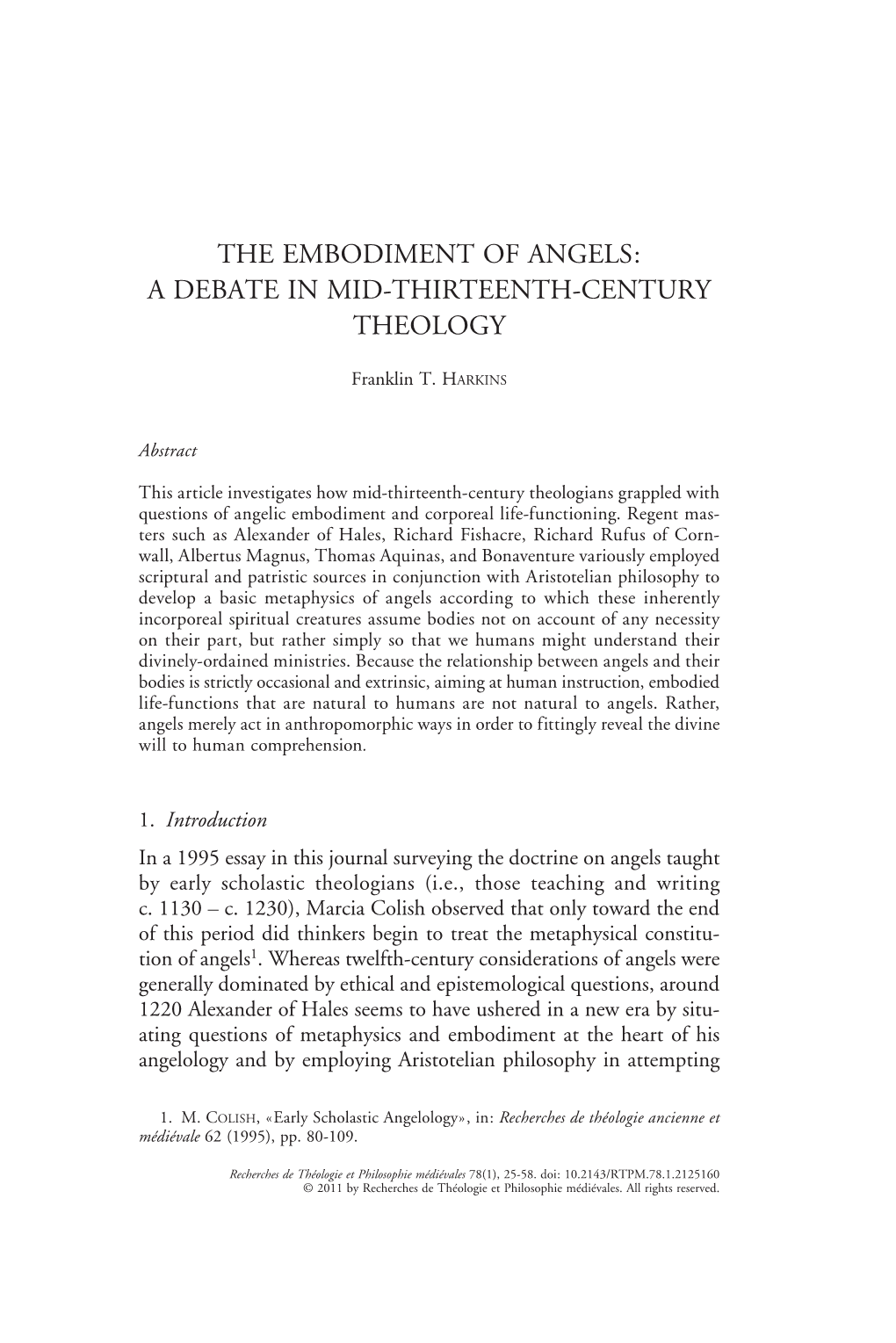 The Embodiment of Angels: a Debate in Mid-Thirteenth-Century Theology