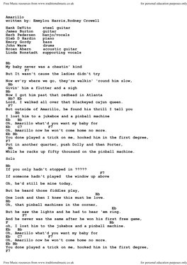 Amarillo Written By: Emmylou Harris,Rodney Crowell Hank Devito Steel Guitar James Burton Guitar Herb Pedersen Banjo/Voc