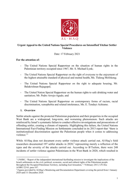 Urgent Appeal to the United Nations Special Procedures on Intensified Yitzhar Settler Violence