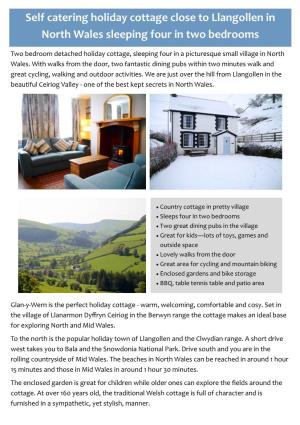 Self Catering Holiday Cottage Close to Llangollen in North Wales Sleeping Four in Two Bedrooms