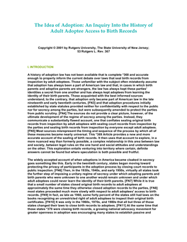 The Idea of Adoption: an Inquiry Into the History of Adult Adoptee Access to Birth Records