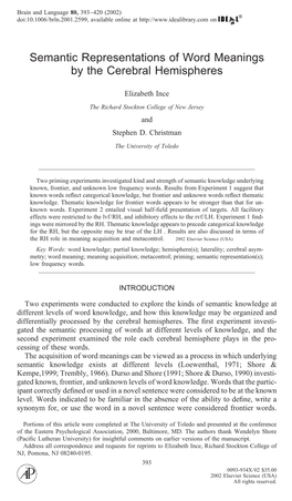 Semantic Representations of Word Meanings by the Cerebral Hemispheres