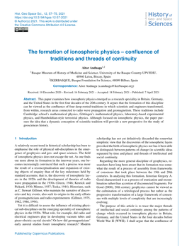 The Formation of Ionospheric Physics – Conﬂuence of Traditions and Threads of Continuity