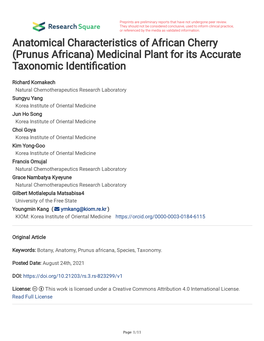 Prunus Africana) Medicinal Plant for Its Accurate Taxonomic Identifcation