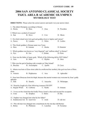 2004 San Antonio Classical Society Tsjcl Area B Academic Olympics Mythology Test