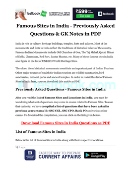 Famous Sites in India - Previously Asked Questions & GK Notes in PDF