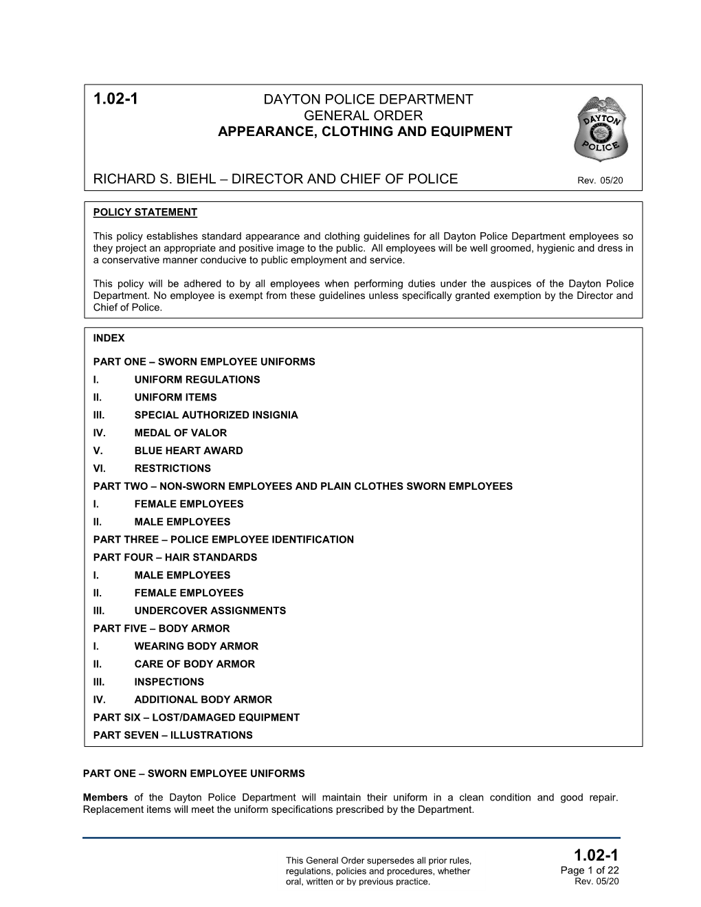 Dayton Police Department General Order Appearance, Clothing And