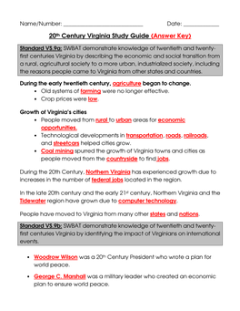 20Th Century Virginia Study Guide (Answer Key)