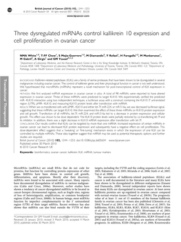 Three Dysregulated Mirnas Control Kallikrein 10 Expression and Cell Proliferation in Ovarian Cancer
