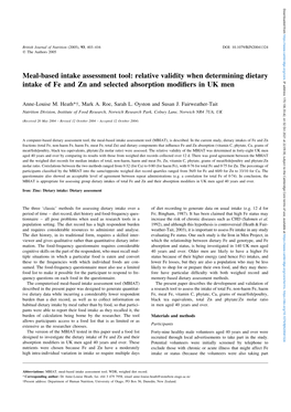Meal-Based Intake Assessment Tool: Relative Validity When Determining Dietary