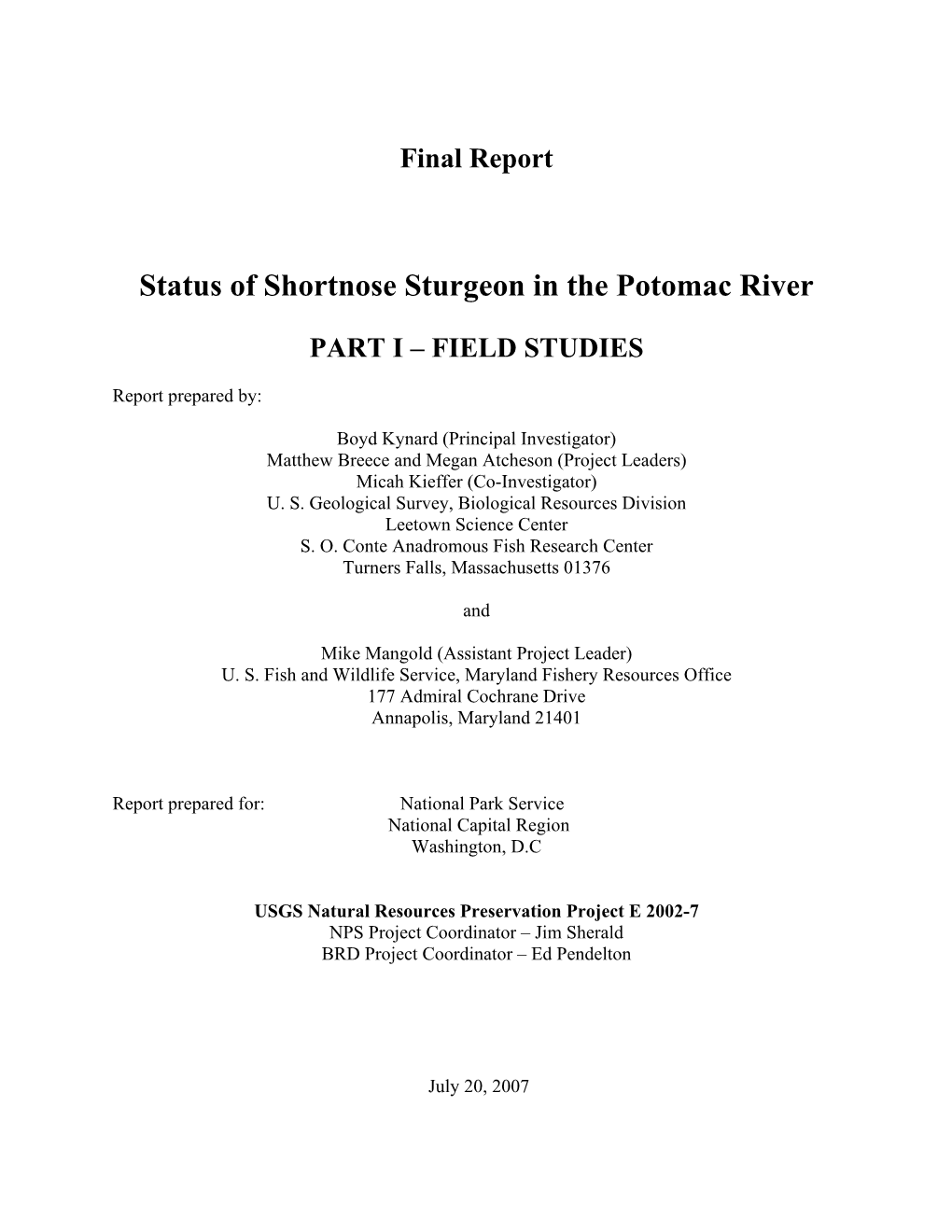 Status of Shortnose Sturgeon in the Potomac River