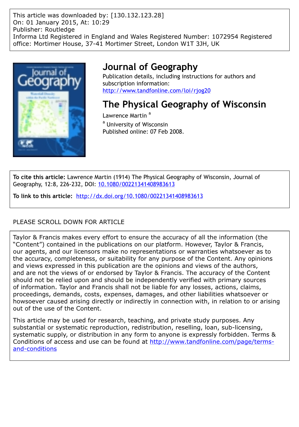 The Physical Geography of Wisconsin Lawrence Martin a a University of Wisconsin Published Online: 07 Feb 2008