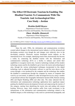 The Effect of Electronic Tourism in Enabling the Disabled Tourists to Communicate with the Touristic and Archaeological Sites Case Study – Jordan