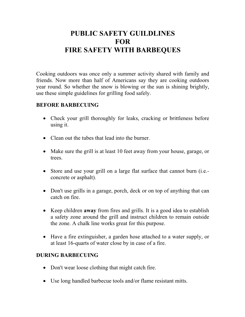 Public Safety Guildlines for Fire Safety with Barbeques
