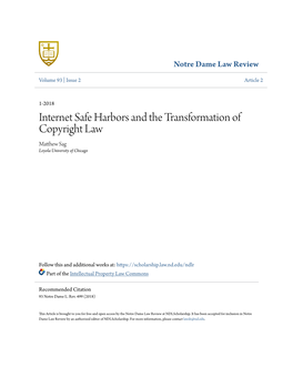 Internet Safe Harbors and the Transformation of Copyright Law Matthew As G Loyola University of Chicago
