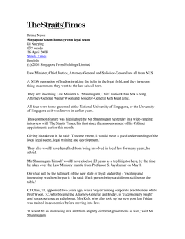Singapore's New Home-Grown Legal Team Li Xueying 639 Words 16 April 2008 Straits Times English (C) 2008 Singapore Press Holdings Limited