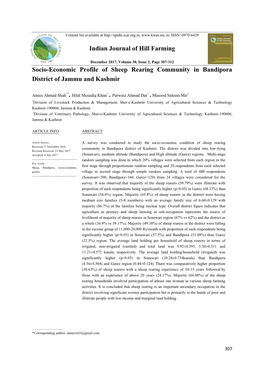 Indian Journal of Hill Farming Socio-Economic Profile of Sheep Rearing Community in Bandipora District of Jammu and Kashmir