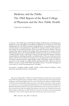 The 1962 Report of the Royal College of Physicians and the New Public Health