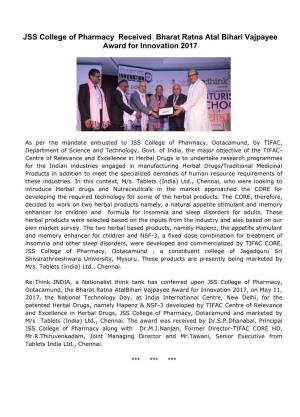 JSS College of Pharmacy Received Bharat Ratna Atal Bihari Vajpayee Award for Innovation 2017
