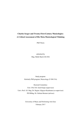 Charles Seeger and Twenty-First-Century Musicologies: a Critical Assessment of His Meta-Musicological Thinking